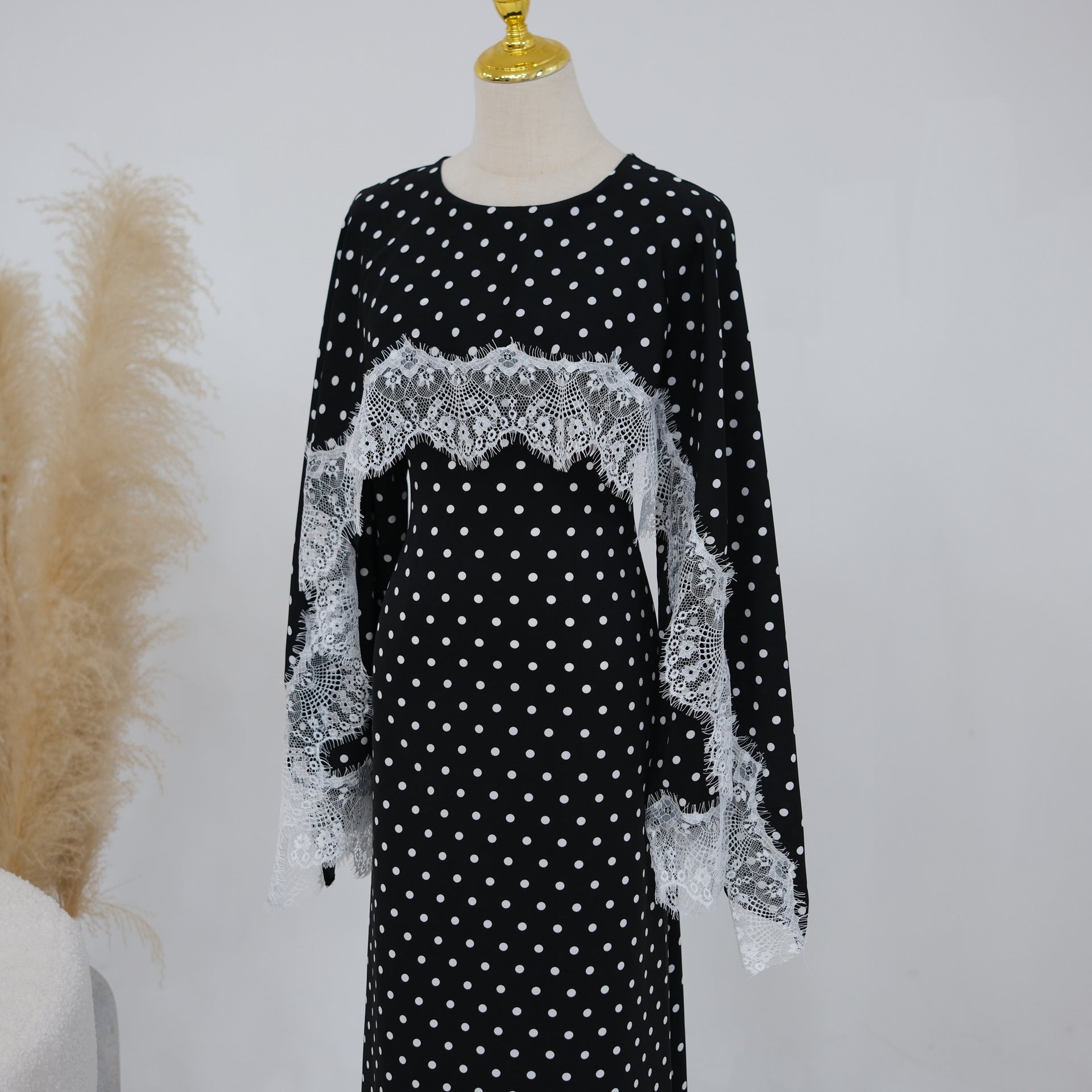 Lace Splice Satin Maxi Dress with Fixed Cape(MS438)