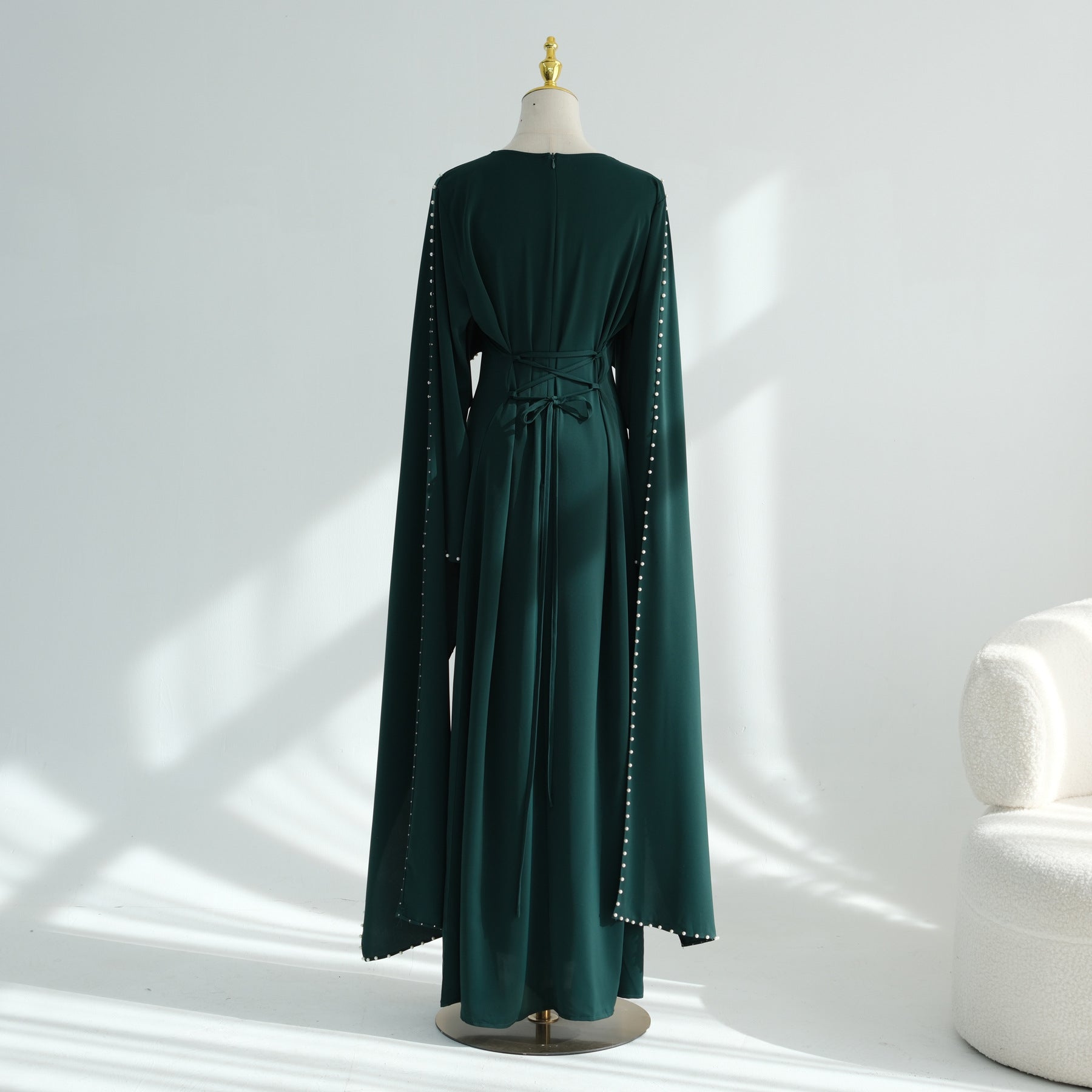 Hand-Beaded Pearl Cape Sleeve Nida Maxi Dress(MS439)