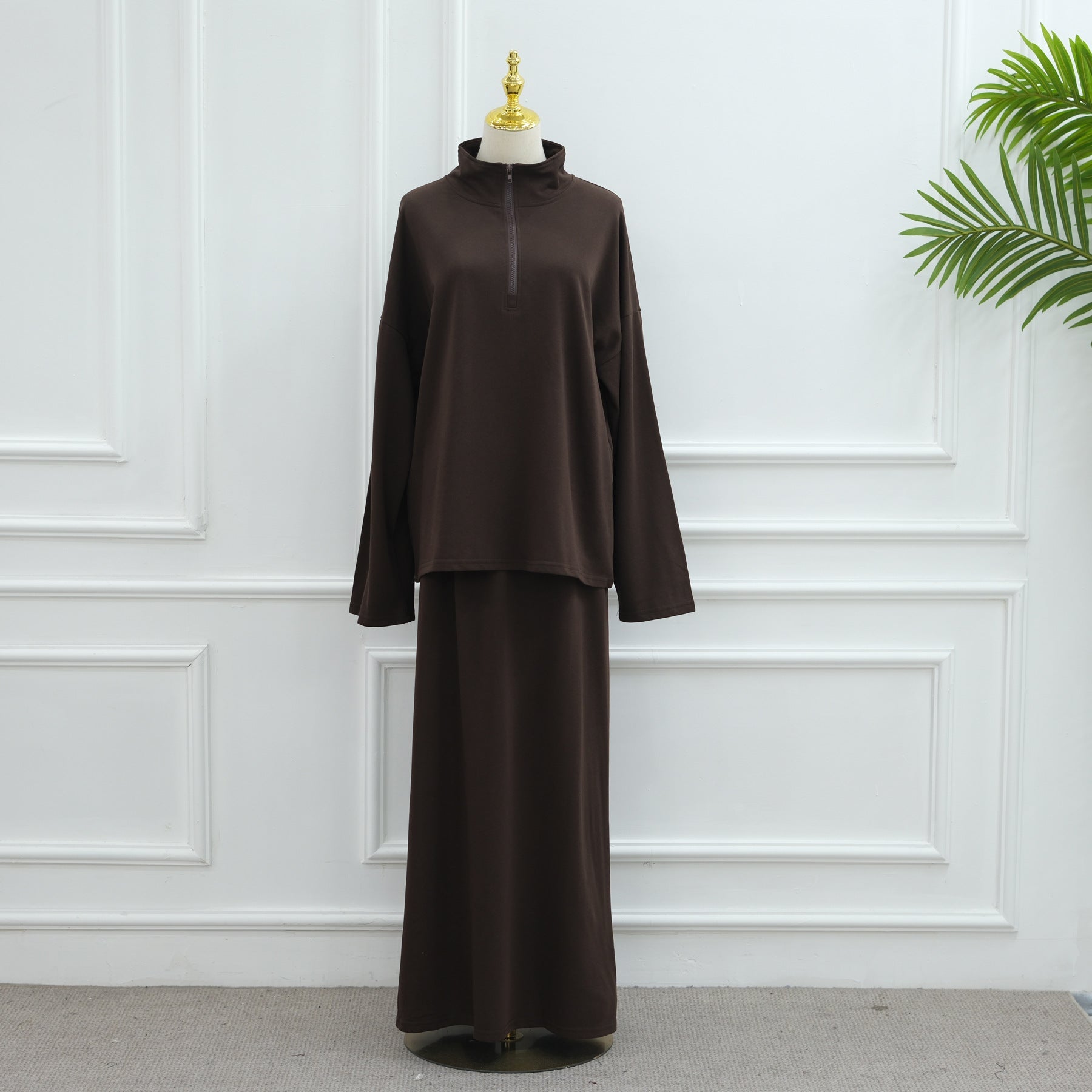 Cotton Half-Zip Top & Maxi Skirt Set(MS441)