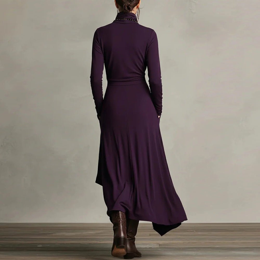 Asymmetric Wrap Gown with Turtleneck | Draped Handkerchief Hem Dress(MS261)