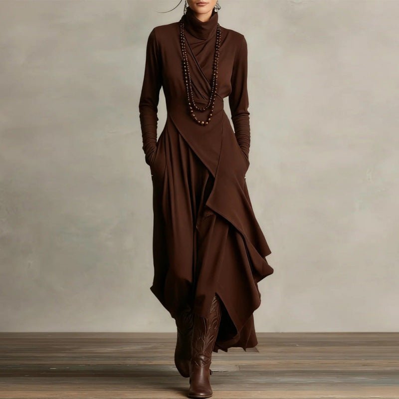 Asymmetric Wrap Gown with Turtleneck | Draped Handkerchief Hem Dress(MS261)
