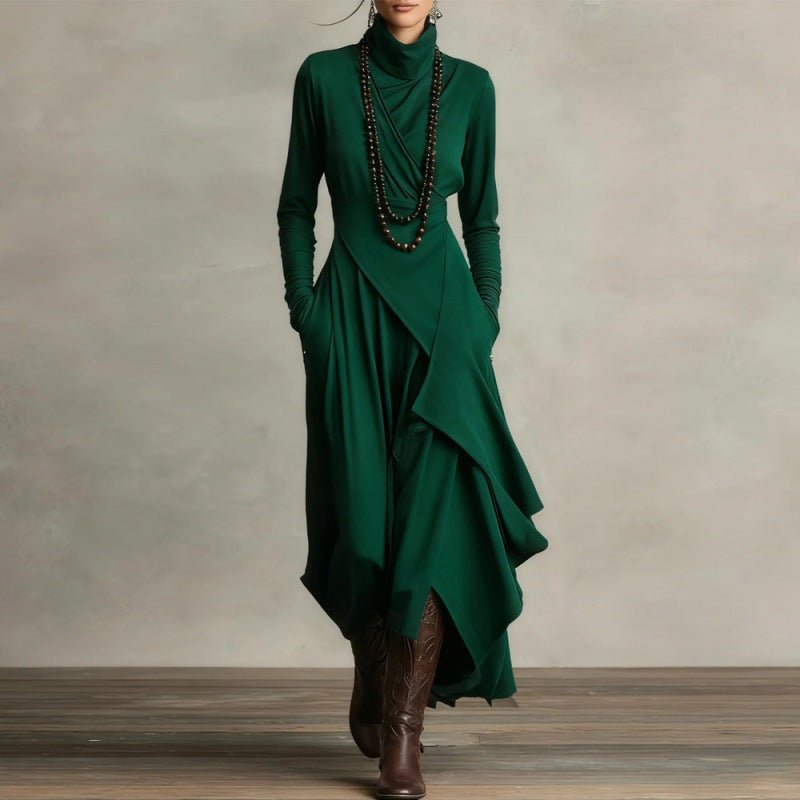 Asymmetric Wrap Gown with Turtleneck | Draped Handkerchief Hem Dress(MS261)