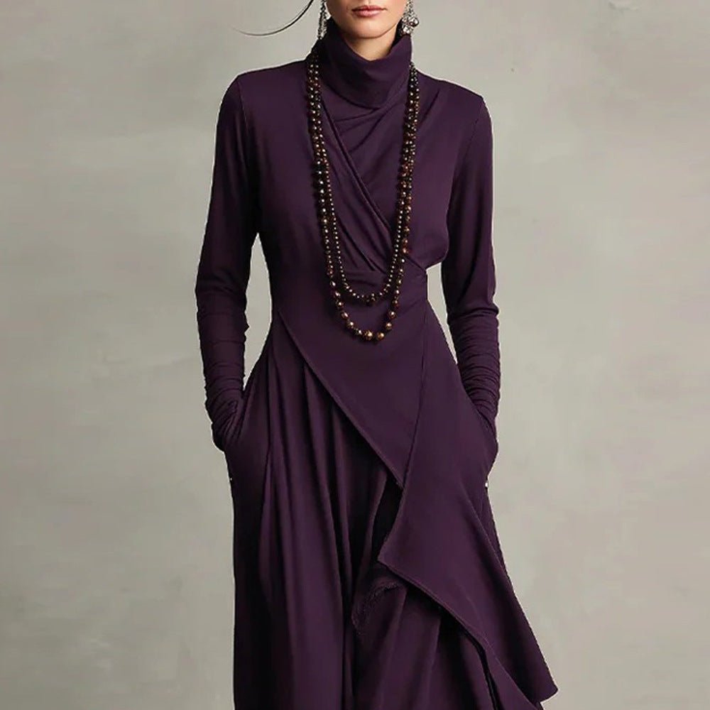 Asymmetric Wrap Gown with Turtleneck | Draped Handkerchief Hem Dress(MS261)