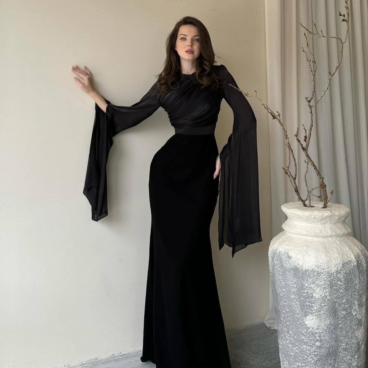 Cape Sleeve Gown with Tie-Back | Fitted Mermaid Maxi Dress(MS230)