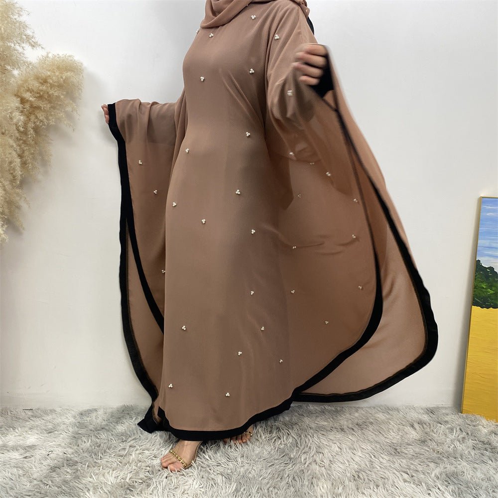 Elegant Chiffon Abaya With Batwing Sleeve | Loose Robe Abaya With Pearl Embellishments (MA183)