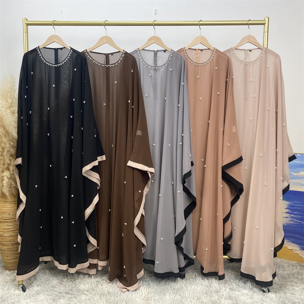 Elegant Chiffon Abaya With Batwing Sleeve | Loose Robe Abaya With Pearl Embellishments (MA183)
