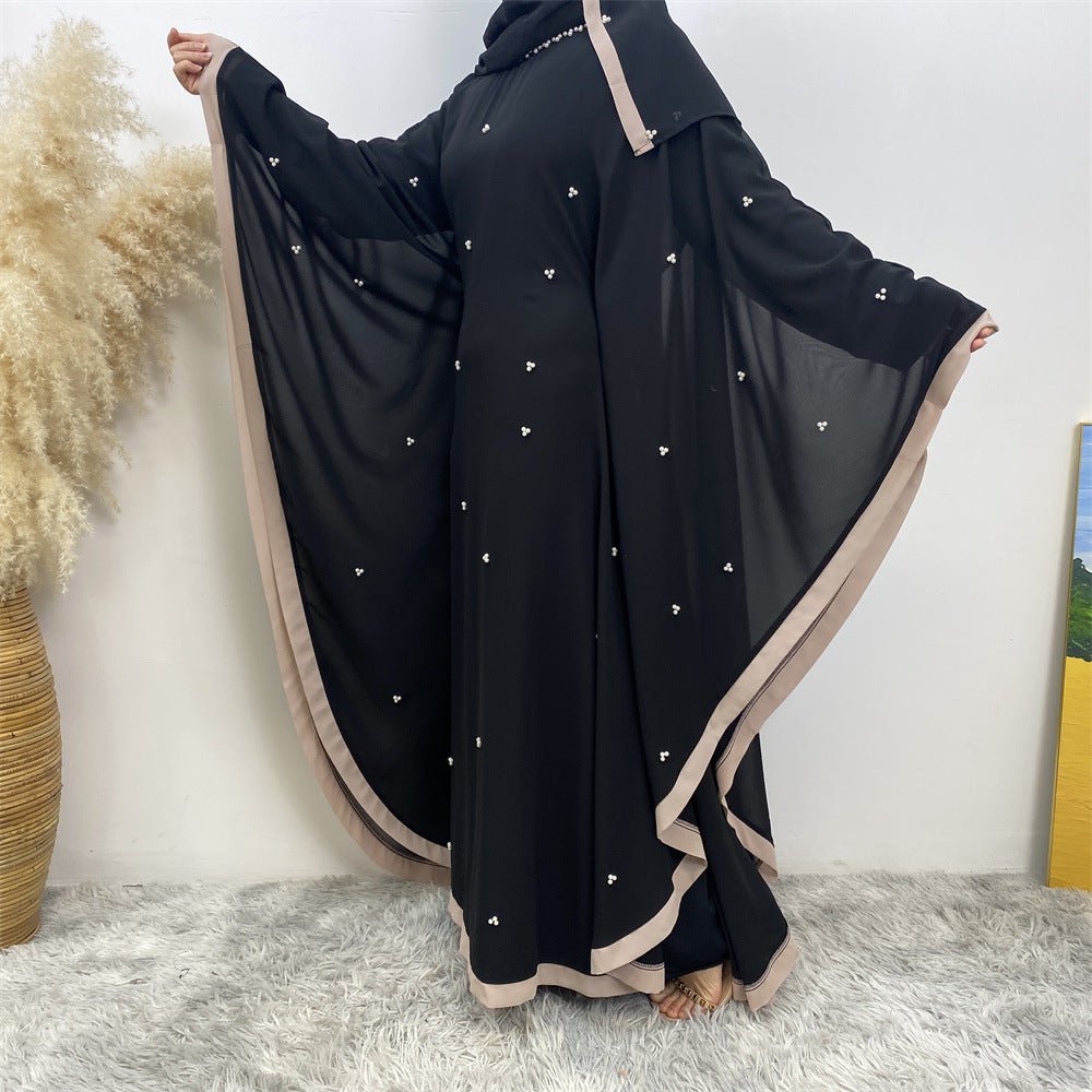 Elegant Chiffon Abaya With Batwing Sleeve | Loose Robe Abaya With Pearl Embellishments (MA183)