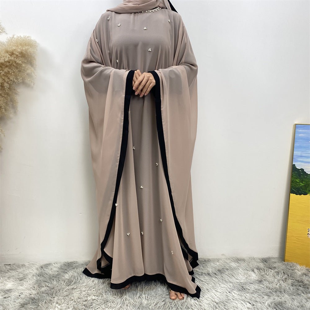 Elegant Chiffon Abaya With Batwing Sleeve | Loose Robe Abaya With Pearl Embellishments (MA183)