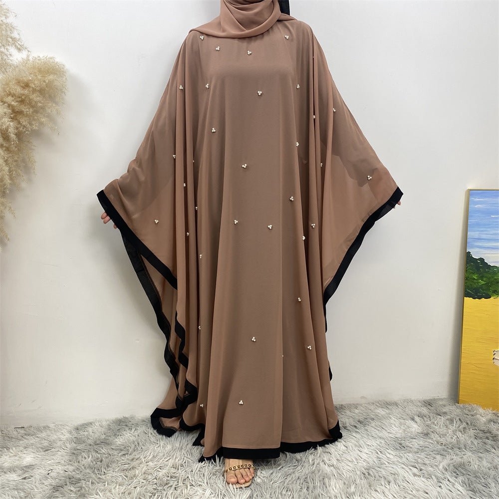 Elegant Chiffon Abaya With Batwing Sleeve | Loose Robe Abaya With Pearl Embellishments (MA183)