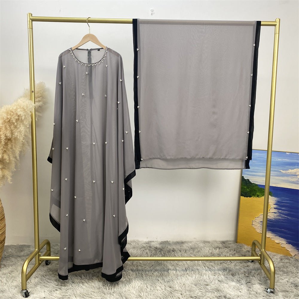 Elegant Chiffon Abaya With Batwing Sleeve | Loose Robe Abaya With Pearl Embellishments (MA183)