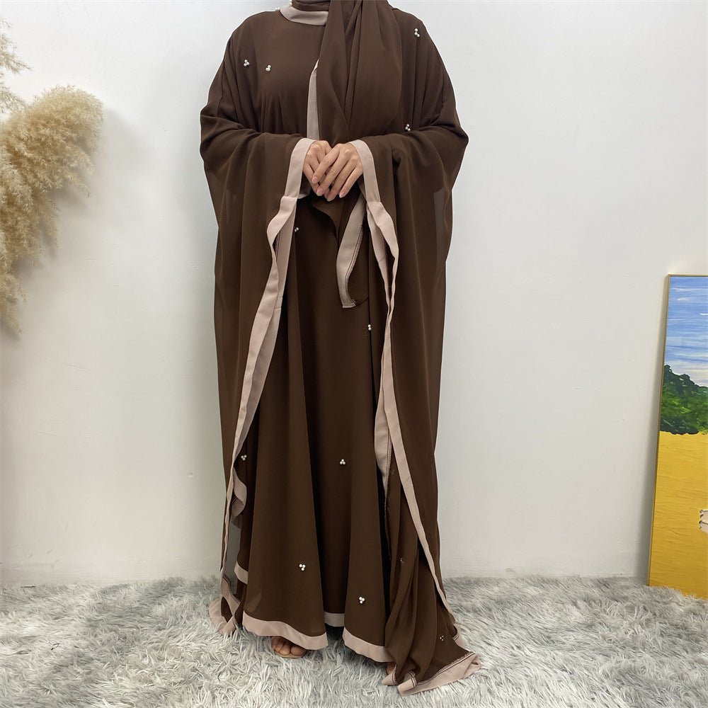 Elegant Chiffon Abaya With Batwing Sleeve | Loose Robe Abaya With Pearl Embellishments (MA183)