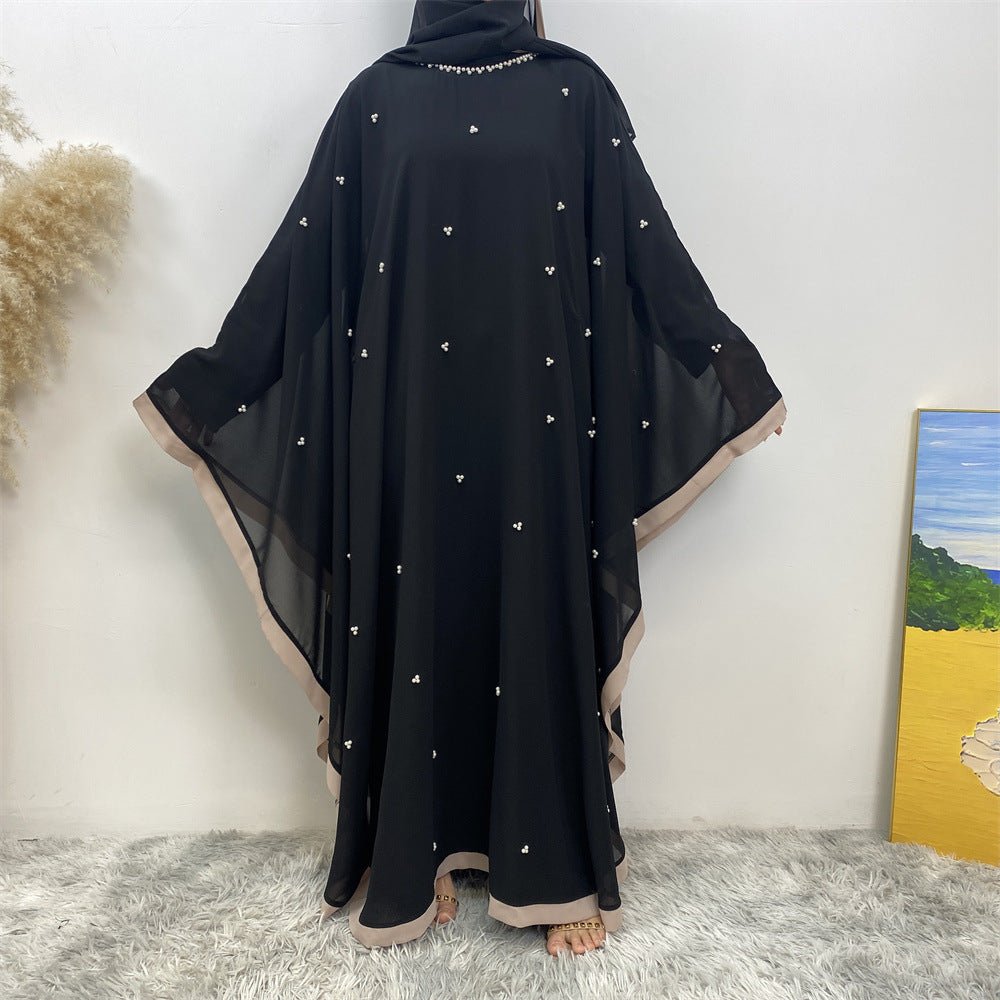 Elegant Chiffon Abaya With Batwing Sleeve | Loose Robe Abaya With Pearl Embellishments (MA183)
