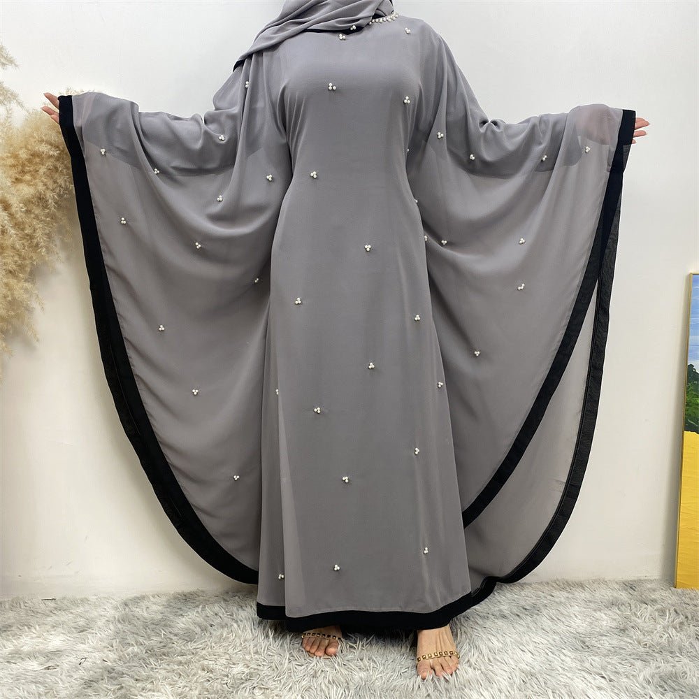 Elegant Chiffon Abaya With Batwing Sleeve | Loose Robe Abaya With Pearl Embellishments (MA183)