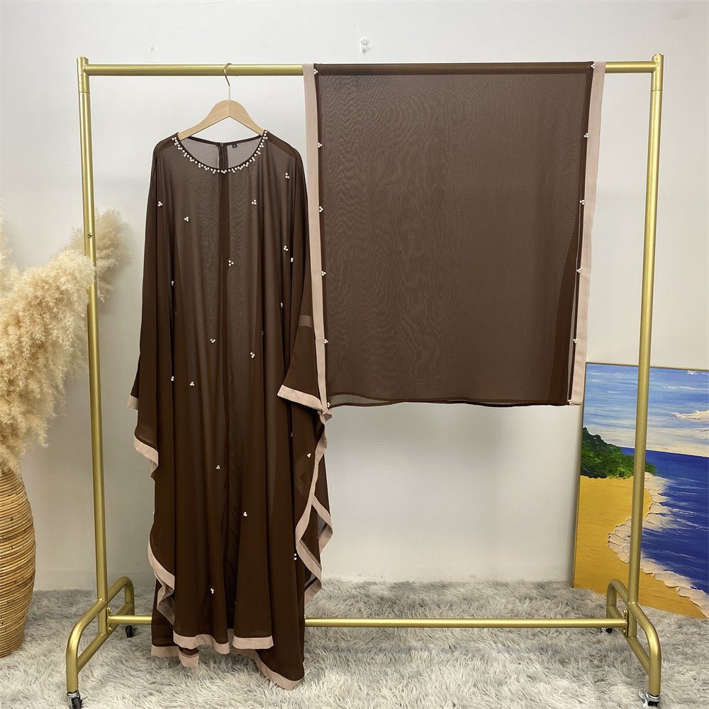 Elegant Chiffon Abaya With Batwing Sleeve | Loose Robe Abaya With Pearl Embellishments (MA183)