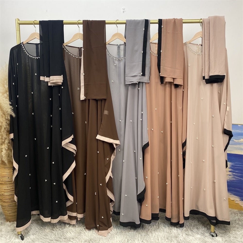 Elegant Chiffon Abaya With Batwing Sleeve | Loose Robe Abaya With Pearl Embellishments (MA183)
