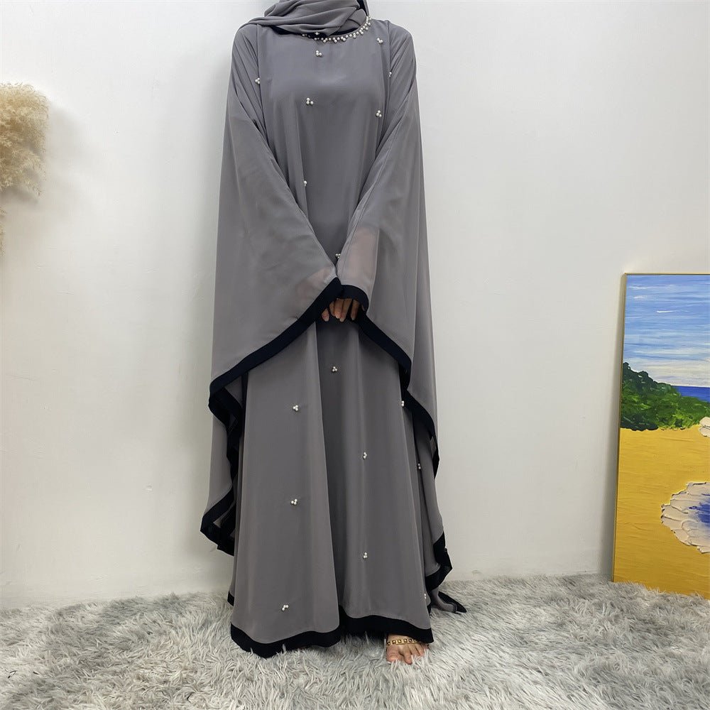 Elegant Chiffon Abaya With Batwing Sleeve | Loose Robe Abaya With Pearl Embellishments (MA183)