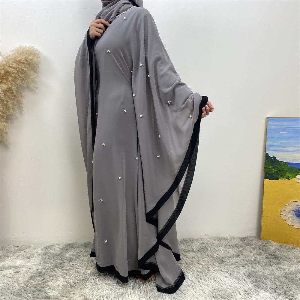 Elegant Chiffon Abaya With Batwing Sleeve | Loose Robe Abaya With Pearl Embellishments (MA183)