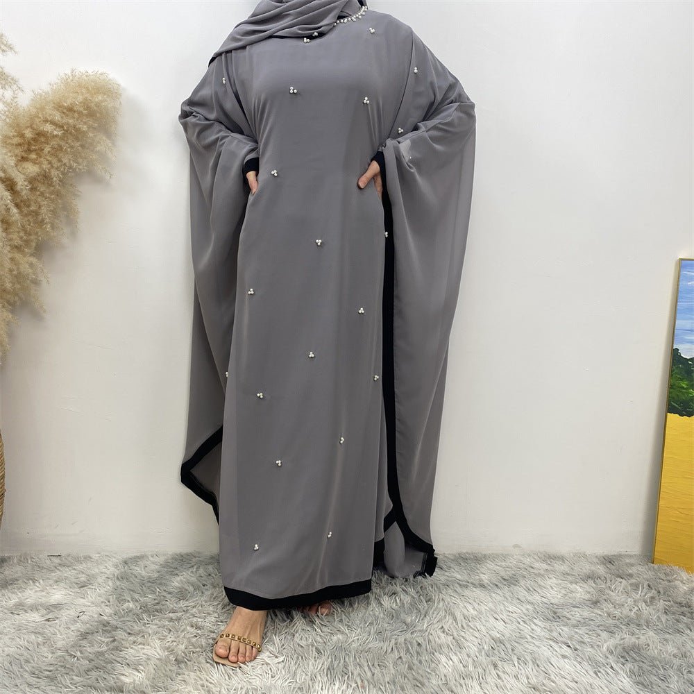 Elegant Chiffon Abaya With Batwing Sleeve | Loose Robe Abaya With Pearl Embellishments (MA183)