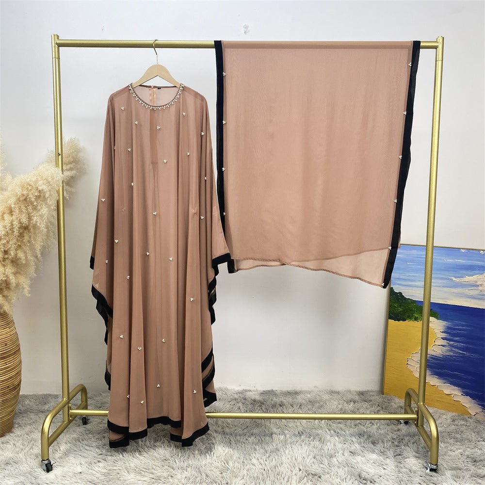 Elegant Chiffon Abaya With Batwing Sleeve | Loose Robe Abaya With Pearl Embellishments (MA183)