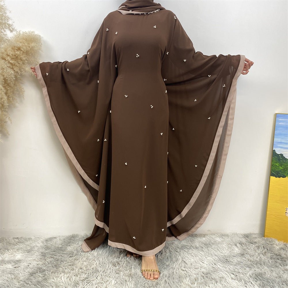 Elegant Chiffon Abaya With Batwing Sleeve | Loose Robe Abaya With Pearl Embellishments (MA183)