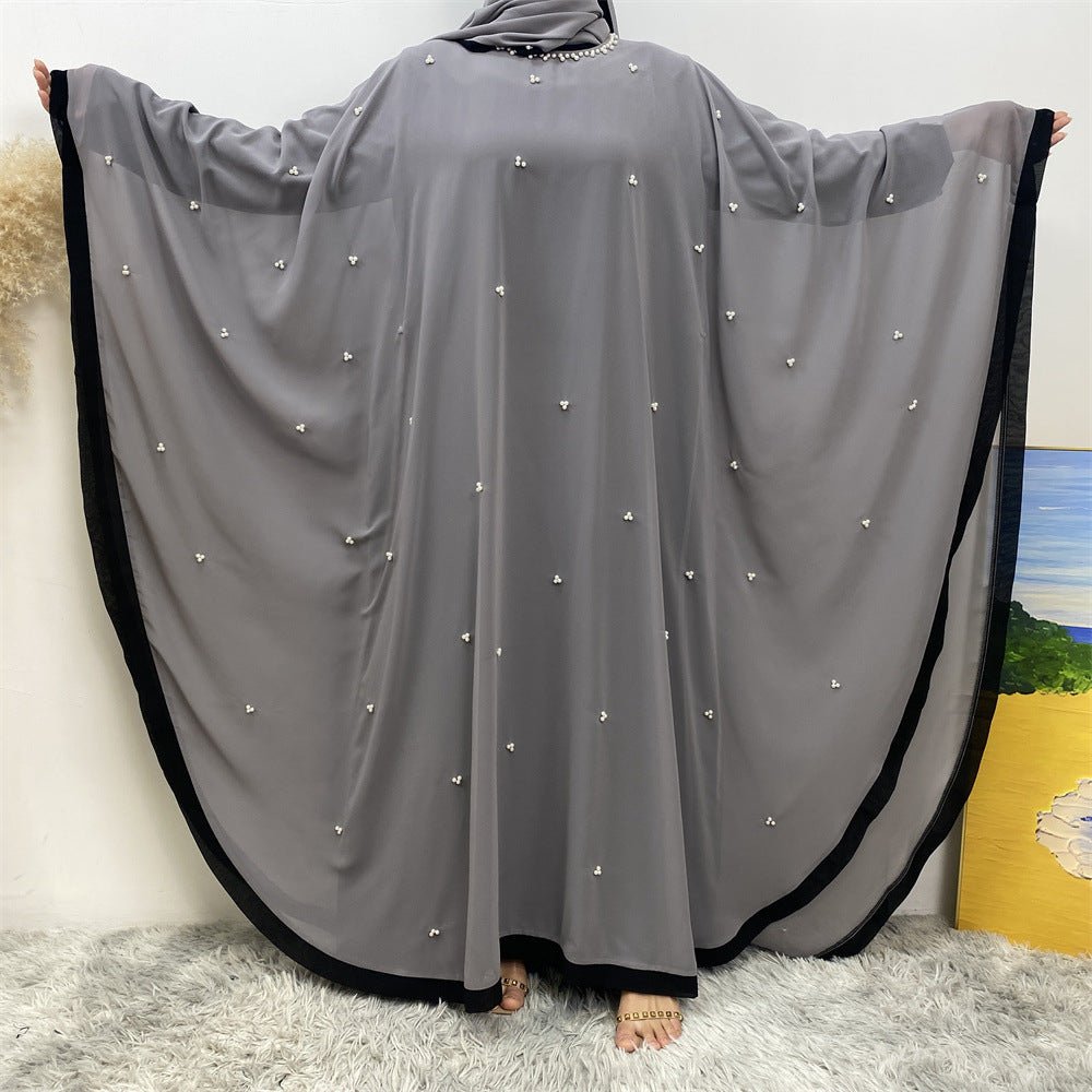Elegant Chiffon Abaya With Batwing Sleeve | Loose Robe Abaya With Pearl Embellishments (MA183)