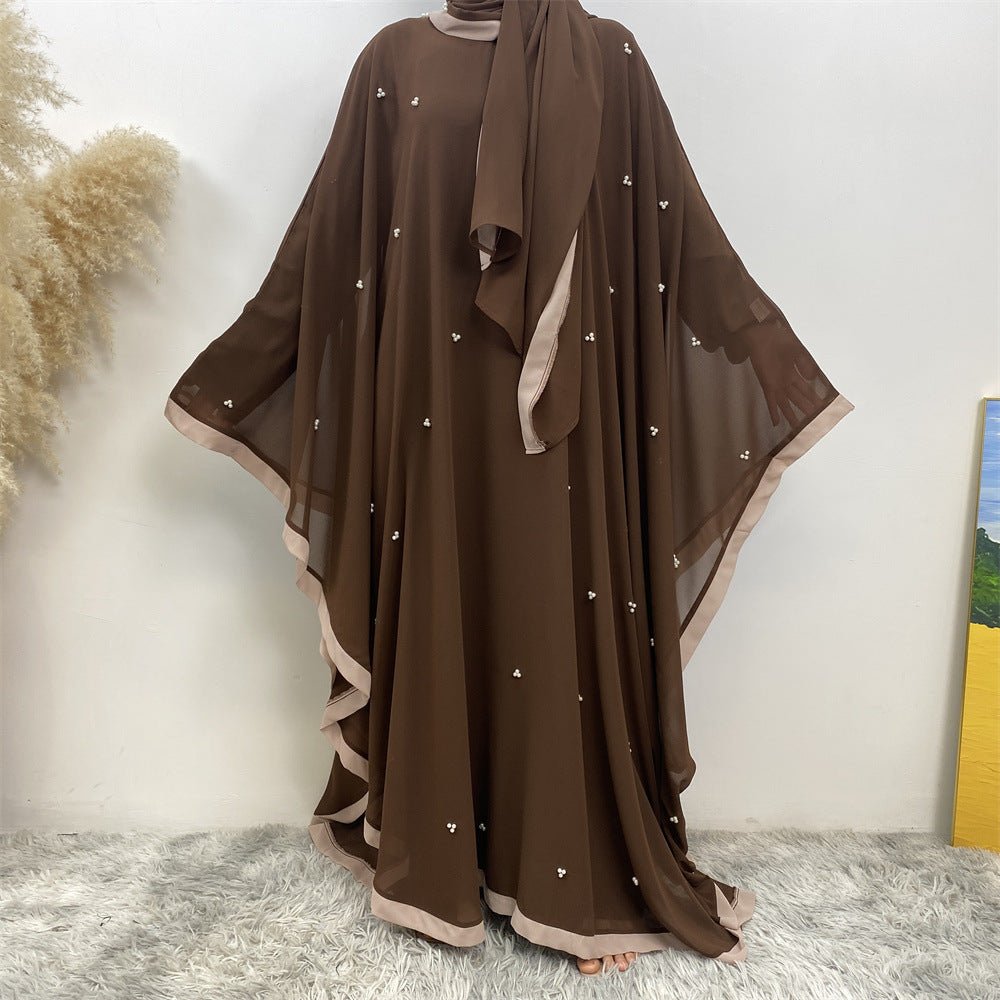 Elegant Chiffon Abaya With Batwing Sleeve | Loose Robe Abaya With Pearl Embellishments (MA183)