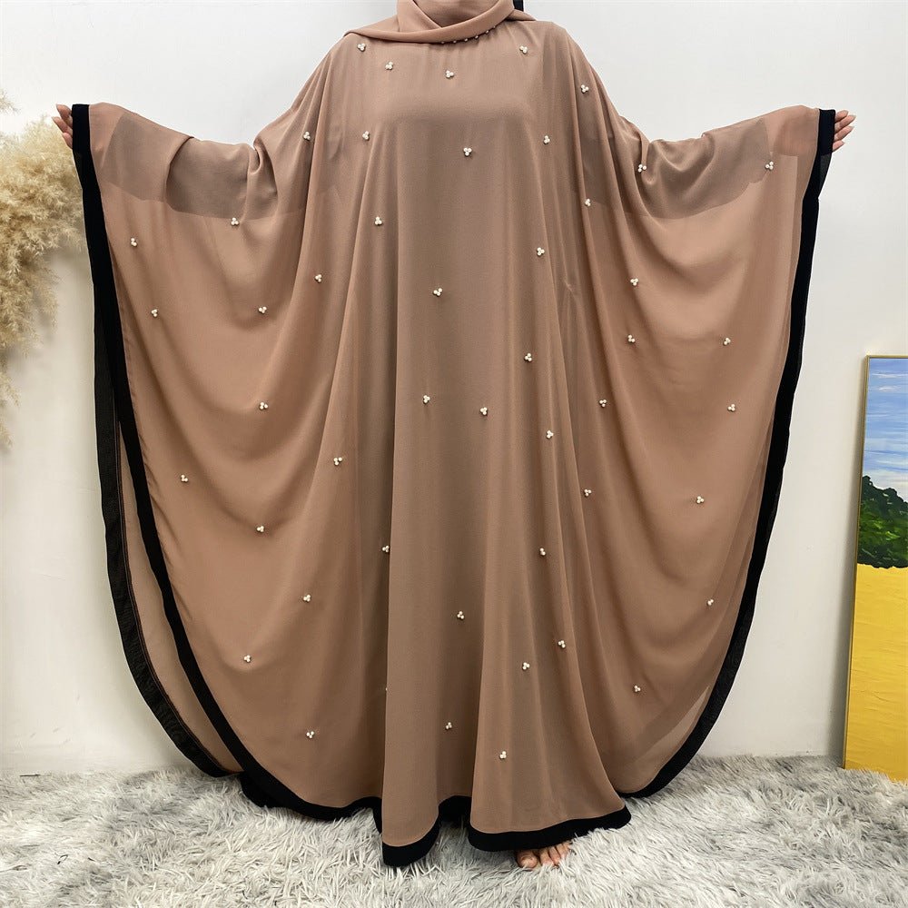 Elegant Chiffon Abaya With Batwing Sleeve | Loose Robe Abaya With Pearl Embellishments (MA183)