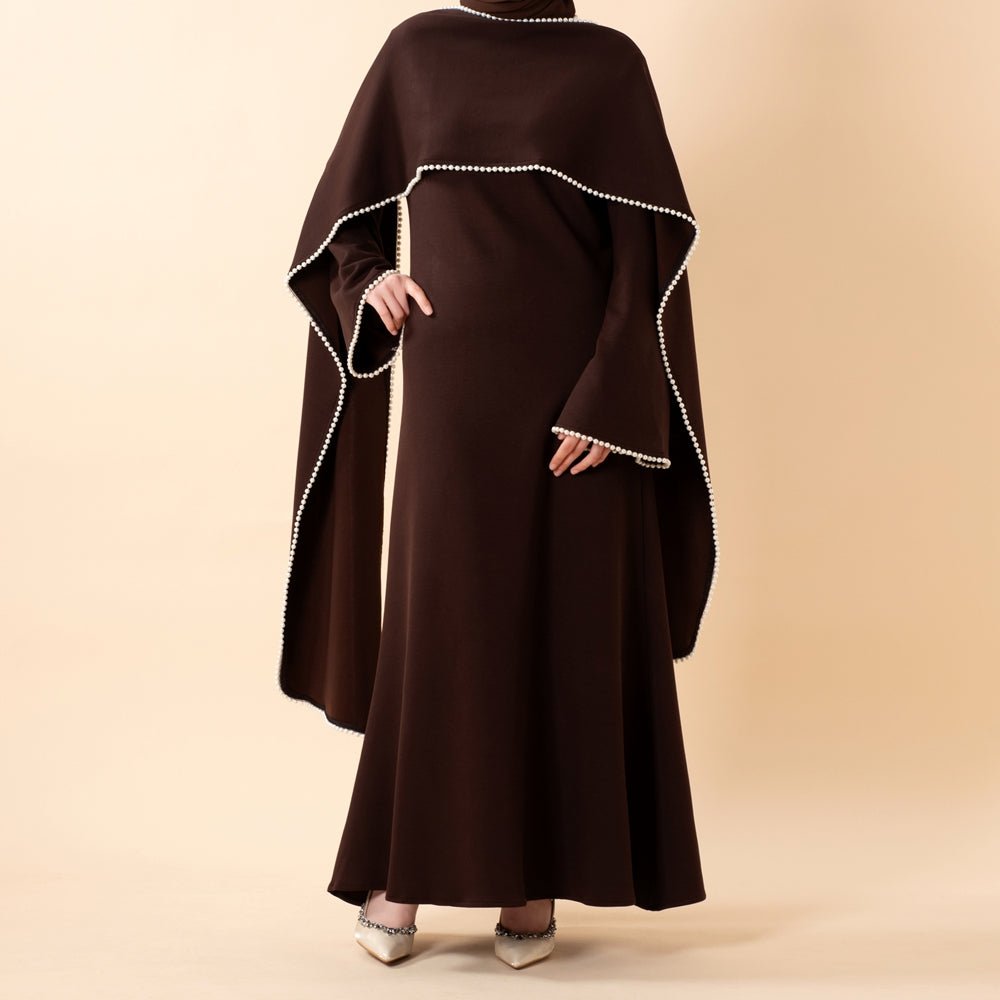 Elegant Pearl Embellished Cape Sleeve Evening Dress(MA337)