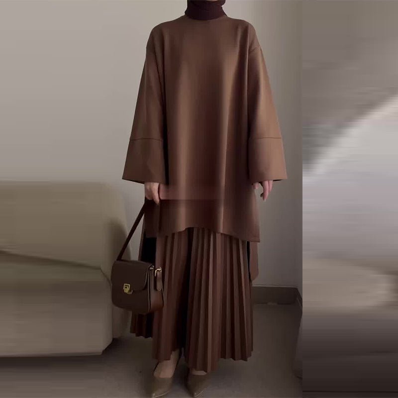 Elegant Round Neck Wide Sleeve Top & Pleated Skirt Set | Mid-Length Two-Piece Modest Outfit(MS126)