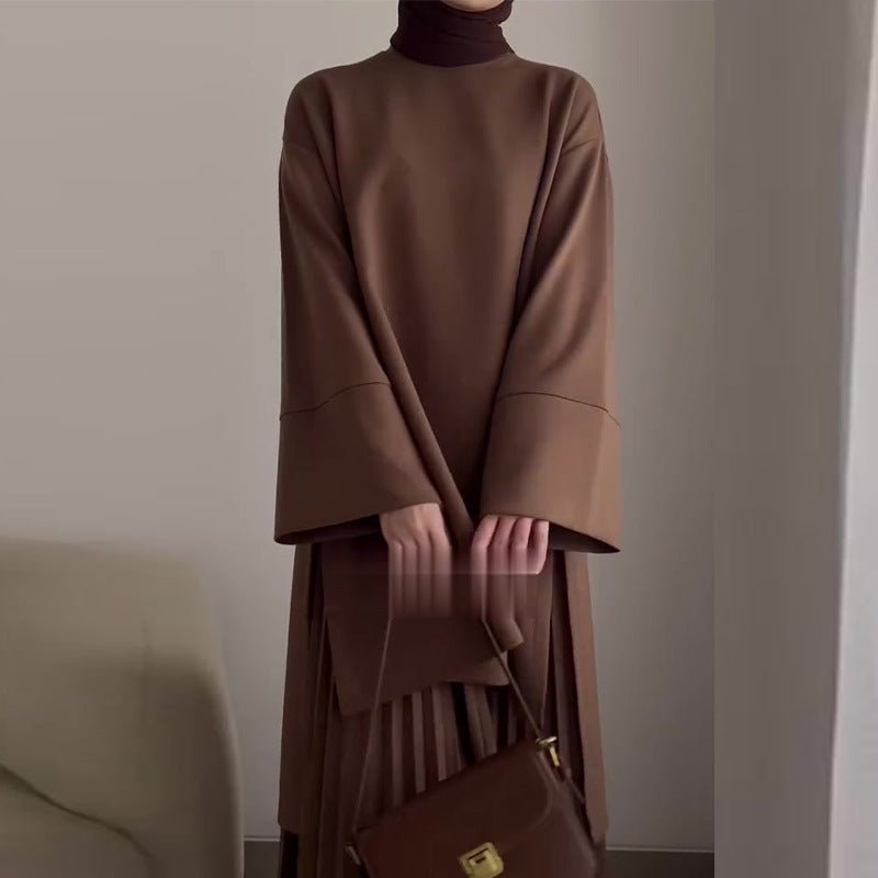 Elegant Round Neck Wide Sleeve Top & Pleated Skirt Set | Mid-Length Two-Piece Modest Outfit(MS126)