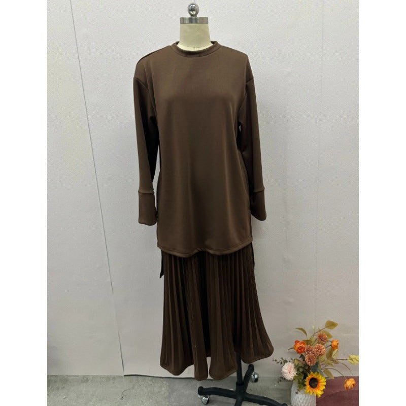 Elegant Round Neck Wide Sleeve Top & Pleated Skirt Set | Mid-Length Two-Piece Modest Outfit(MS126)
