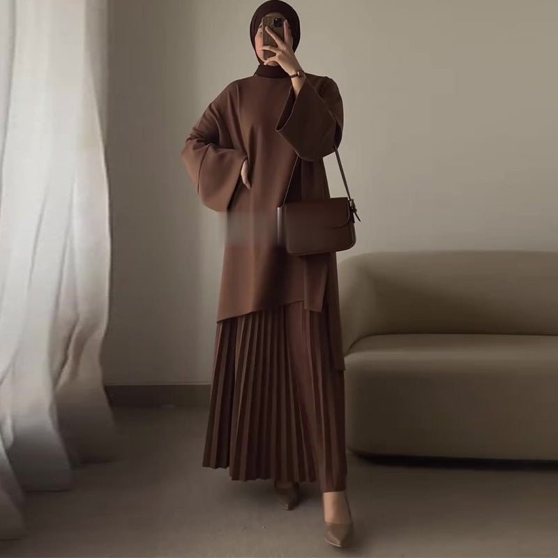 Elegant Round Neck Wide Sleeve Top & Pleated Skirt Set | Mid-Length Two-Piece Modest Outfit(MS126)