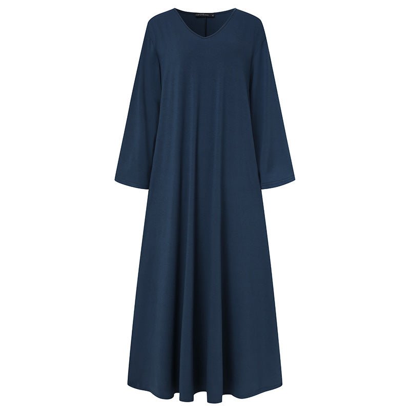 Elegant V-Neck Long Sleeve Maxi Dress | Loose Fit Cotton Blend Dress with Hidden Pockets(MA314)
