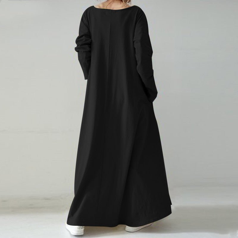 Elegant V-Neck Long Sleeve Maxi Dress | Loose Fit Cotton Blend Dress with Hidden Pockets(MA314)