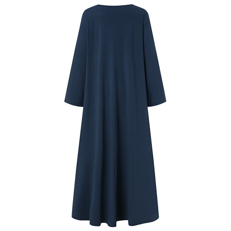 Elegant V-Neck Long Sleeve Maxi Dress | Loose Fit Cotton Blend Dress with Hidden Pockets(MA314)