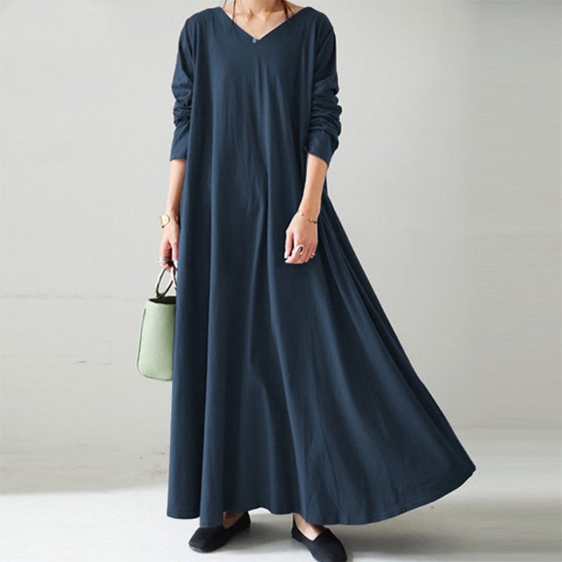 Elegant V-Neck Long Sleeve Maxi Dress | Loose Fit Cotton Blend Dress with Hidden Pockets(MA314)