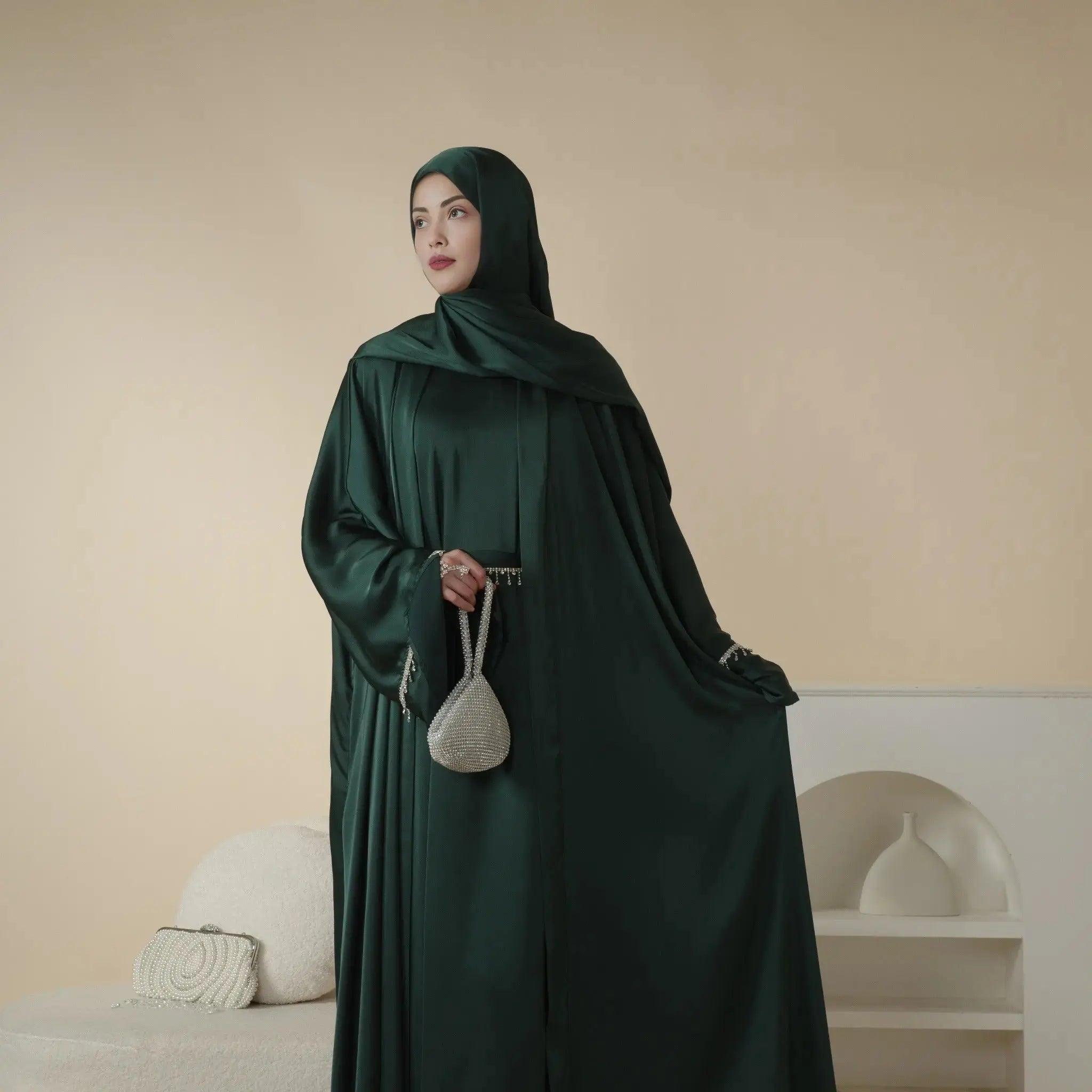 Luxury Satin Abaya With Diamond Tassels Belt,  6-Piece Set (MOA041)