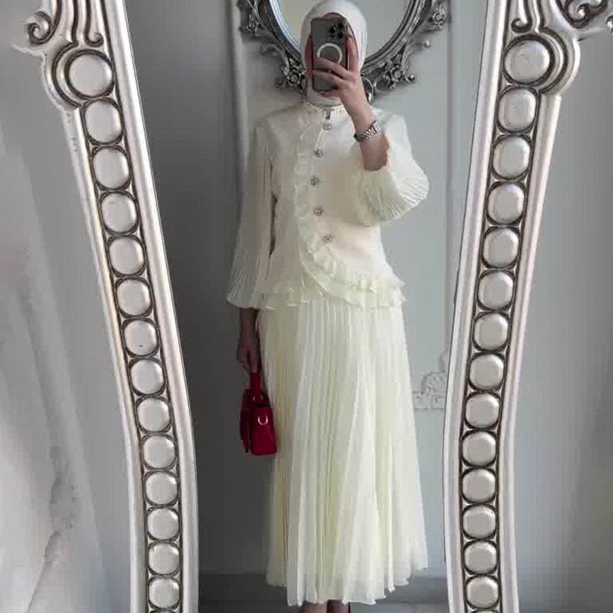 Modest Muslim Women's Pleated Loose Blouse & Skirt Set with Pearl Embellishments (MS080)