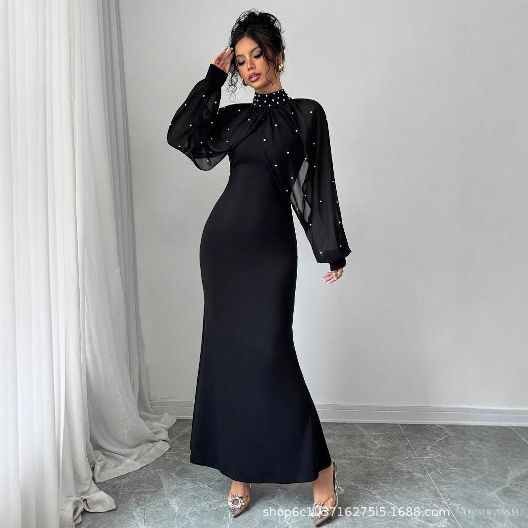 Pearl-Studded Dress with Sheer Puff Sleeves(MS328)