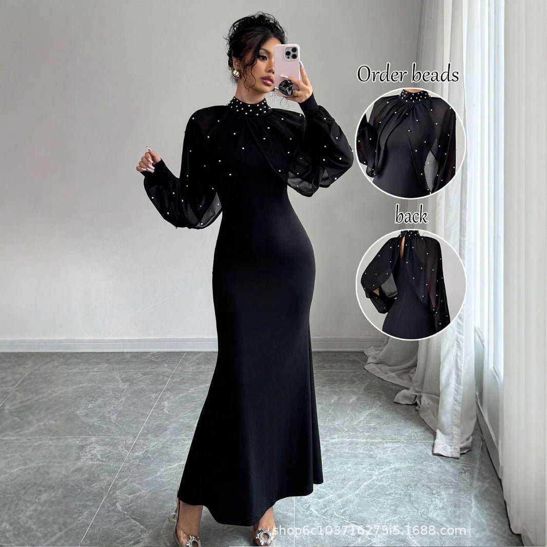 Pearl-Studded Dress with Sheer Puff Sleeves(MS328)