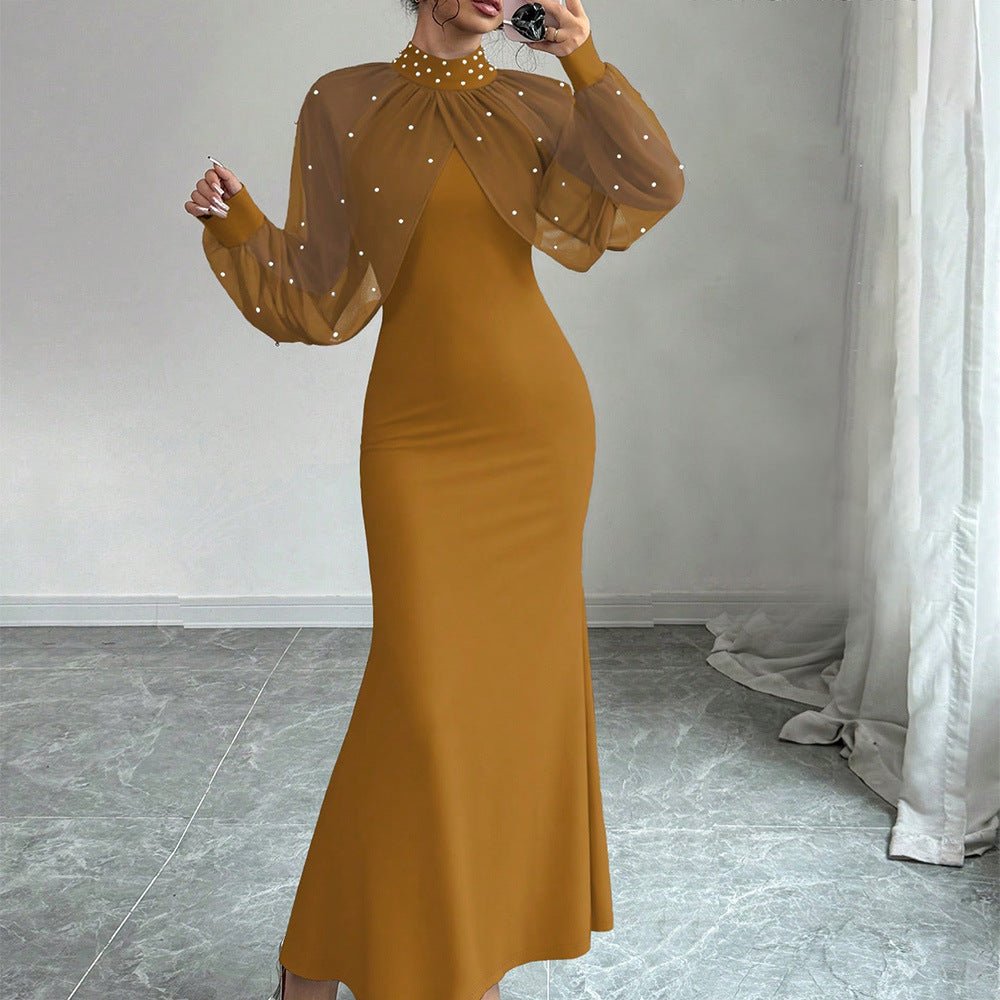 Pearl-Studded Dress with Sheer Puff Sleeves(MS328)