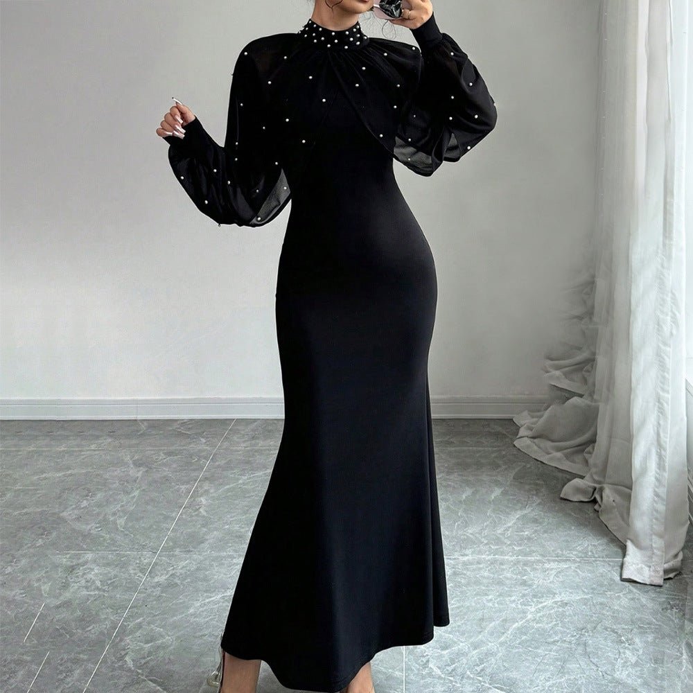 Pearl-Studded Dress with Sheer Puff Sleeves(MS328)