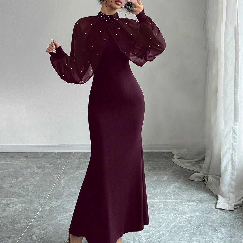 Pearl-Studded Dress with Sheer Puff Sleeves(MS328)