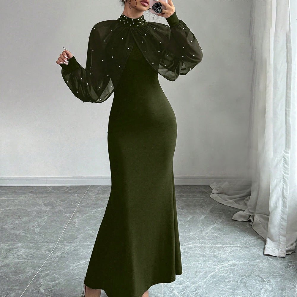 Pearl-Studded Dress with Sheer Puff Sleeves(MS328)