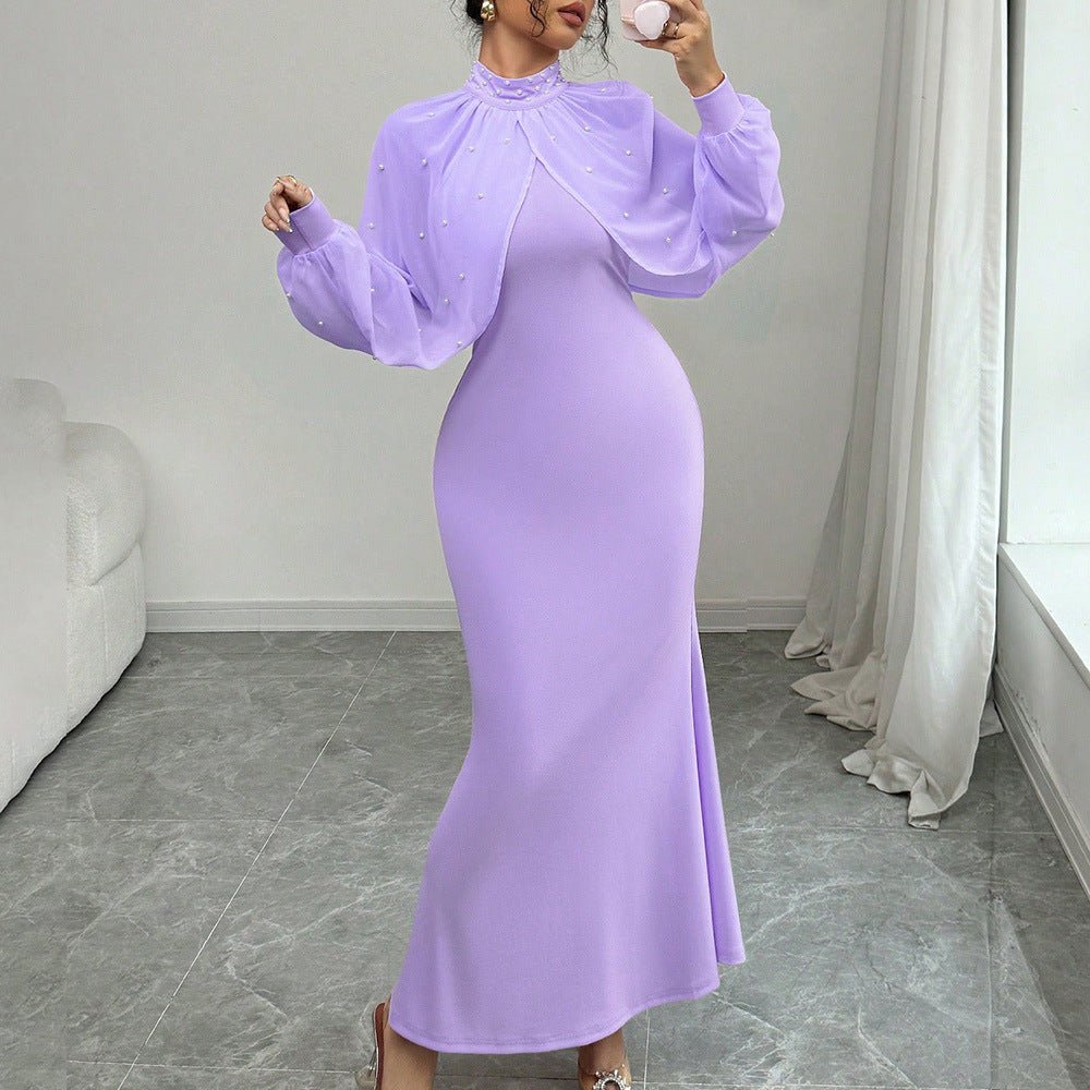 Pearl-Studded Dress with Sheer Puff Sleeves(MS328)