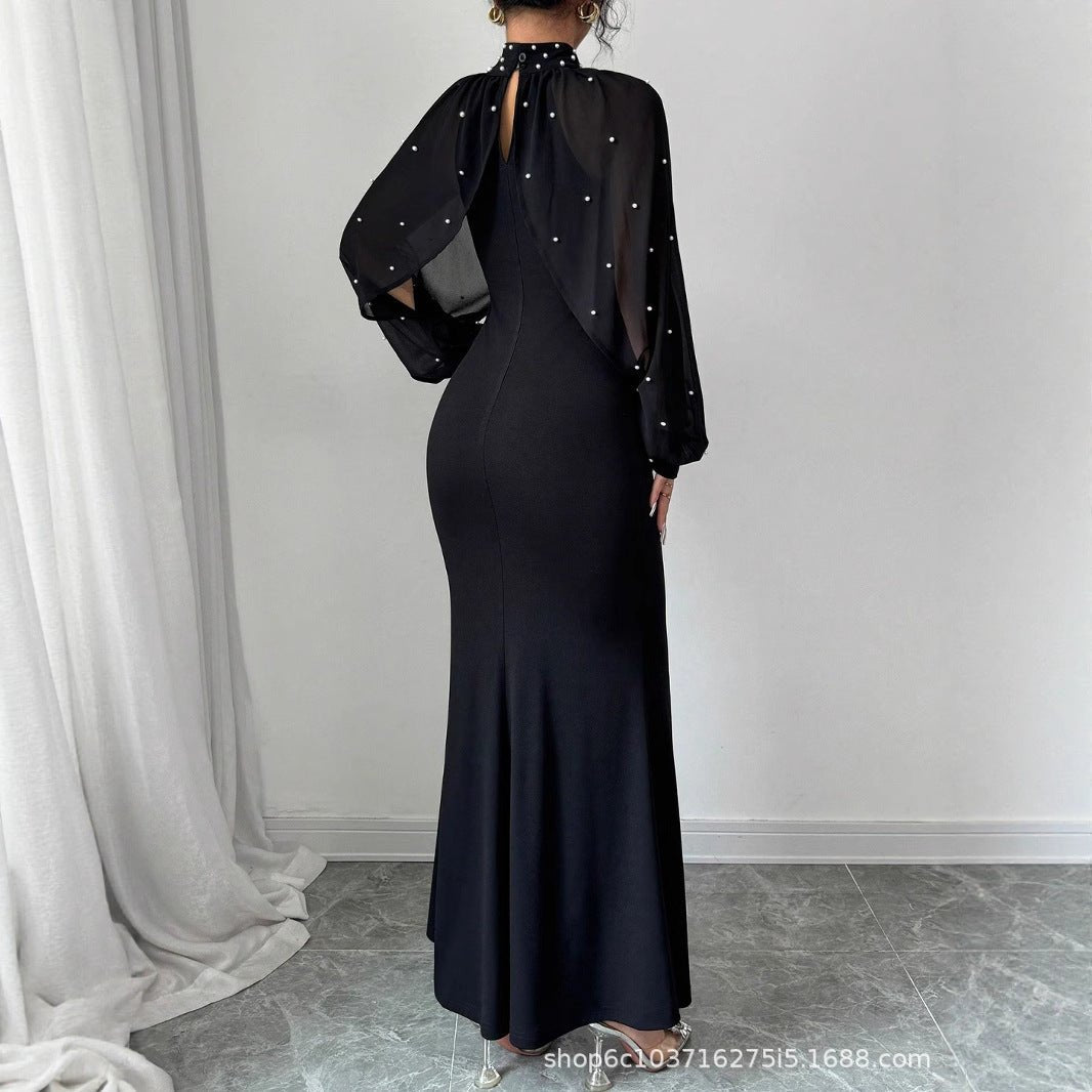 Pearl-Studded Dress with Sheer Puff Sleeves(MS328)