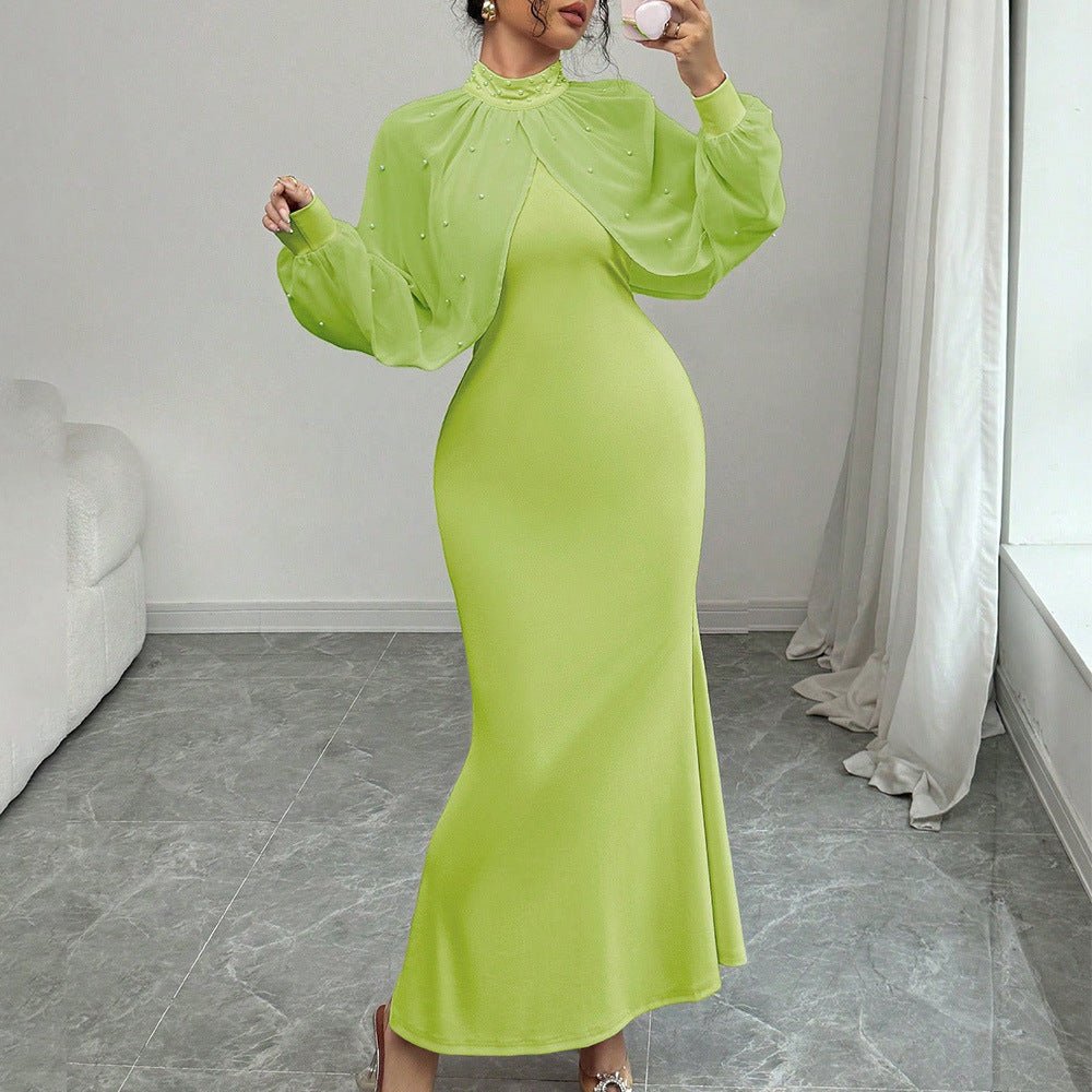 Pearl-Studded Dress with Sheer Puff Sleeves(MS328)