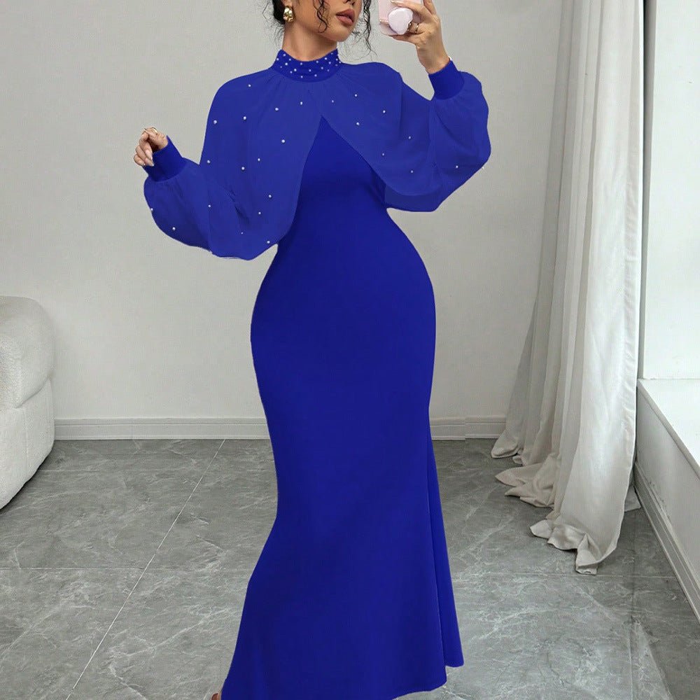 Pearl-Studded Dress with Sheer Puff Sleeves(MS328)