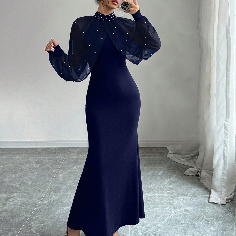 Pearl-Studded Dress with Sheer Puff Sleeves(MS328)