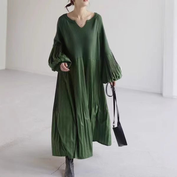 Pleated Knit Maxi Dress | Bubble Sleeve Mixed Media Sweater Dress(MS228)